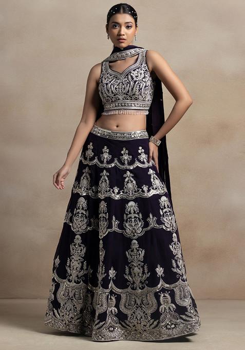 Blue Sequin Thread Embellished Lehenga Set With Floral Thread Embroidered Blouse And Dupatta