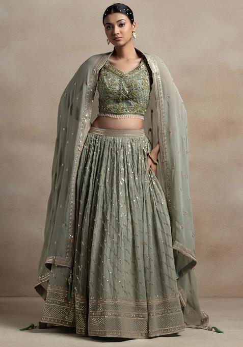 Olive Sequin Embellished Lehenga Set With Floral Mirror Embroidered Blouse And Dupatta