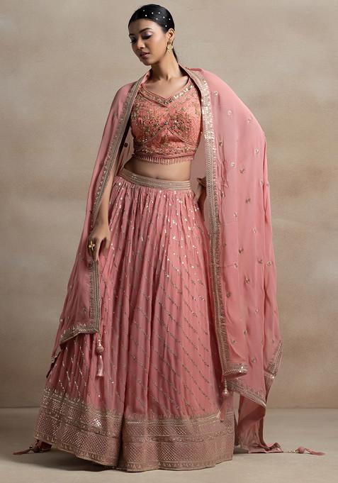 Peach Sequin Embellished Lehenga Set With Floral Mirror Embroidered Blouse And Dupatta
