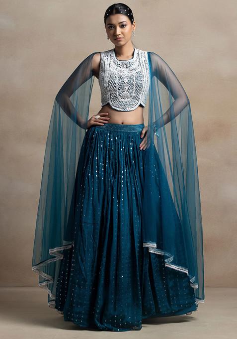 Teal Blue Sequin Embellished Lehenga Set With Bead Embellished Blouse And Attached Dupatta