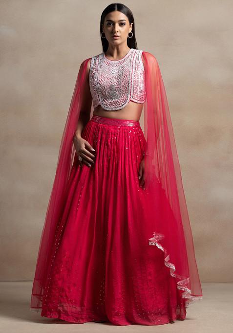 Pink Sequin Embellished Lehenga Set With Bead Embellished Blouse And Attached Dupatta