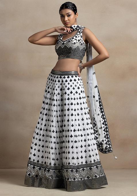 White And Black Thread Embroidered Lehenga Set With Embroidered Blouse And Dupatta