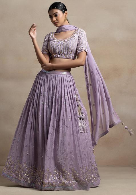Lavender Sequin Embellished Lehenga Set With Floral Bead Embellished Blouse And Dupatta