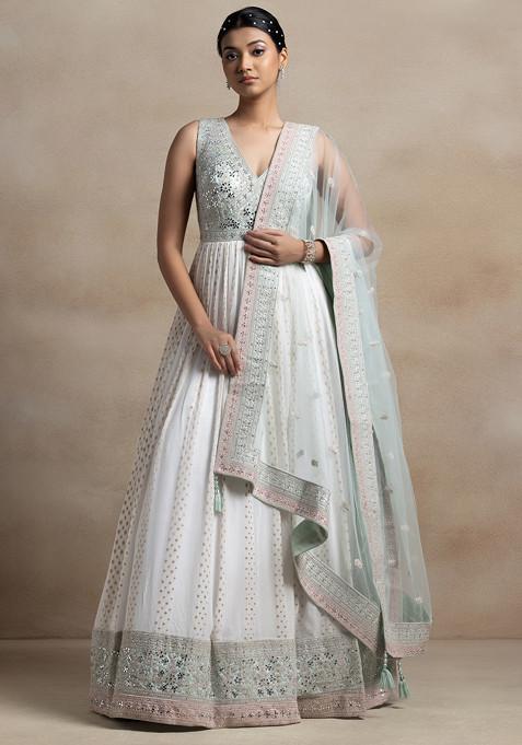 White Mirror Embellished Anarkali With Embellished Dupatta