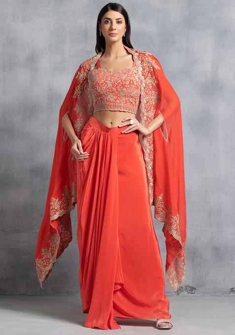 Orange Pleated Skirt Set With Floral Thread Embroidered Blouse And Embroidered Cape