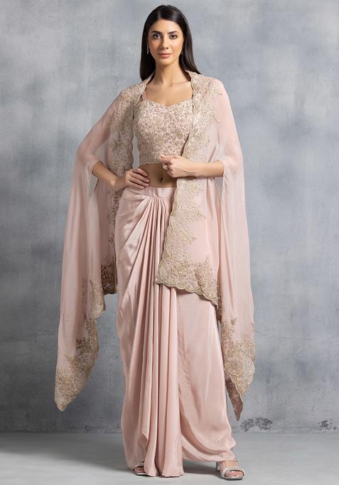 Peach Pleated Skirt Set With Floral Thread Embroidered Blouse And Embroidered Cape
