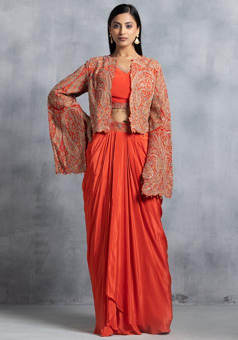Orange Zari Bead Embroidered Short Jacket Set With Embroidered Blouse And Skirt