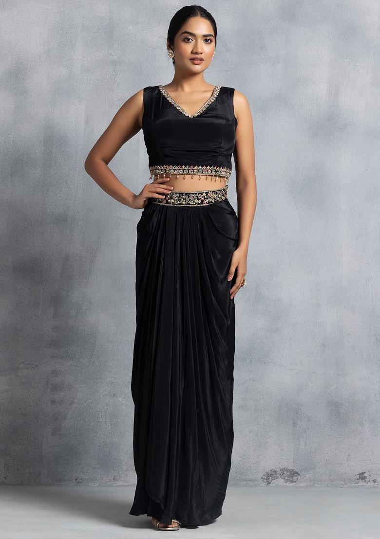 Buy Women Black Zari Bead Embroidered Short Jacket Set With