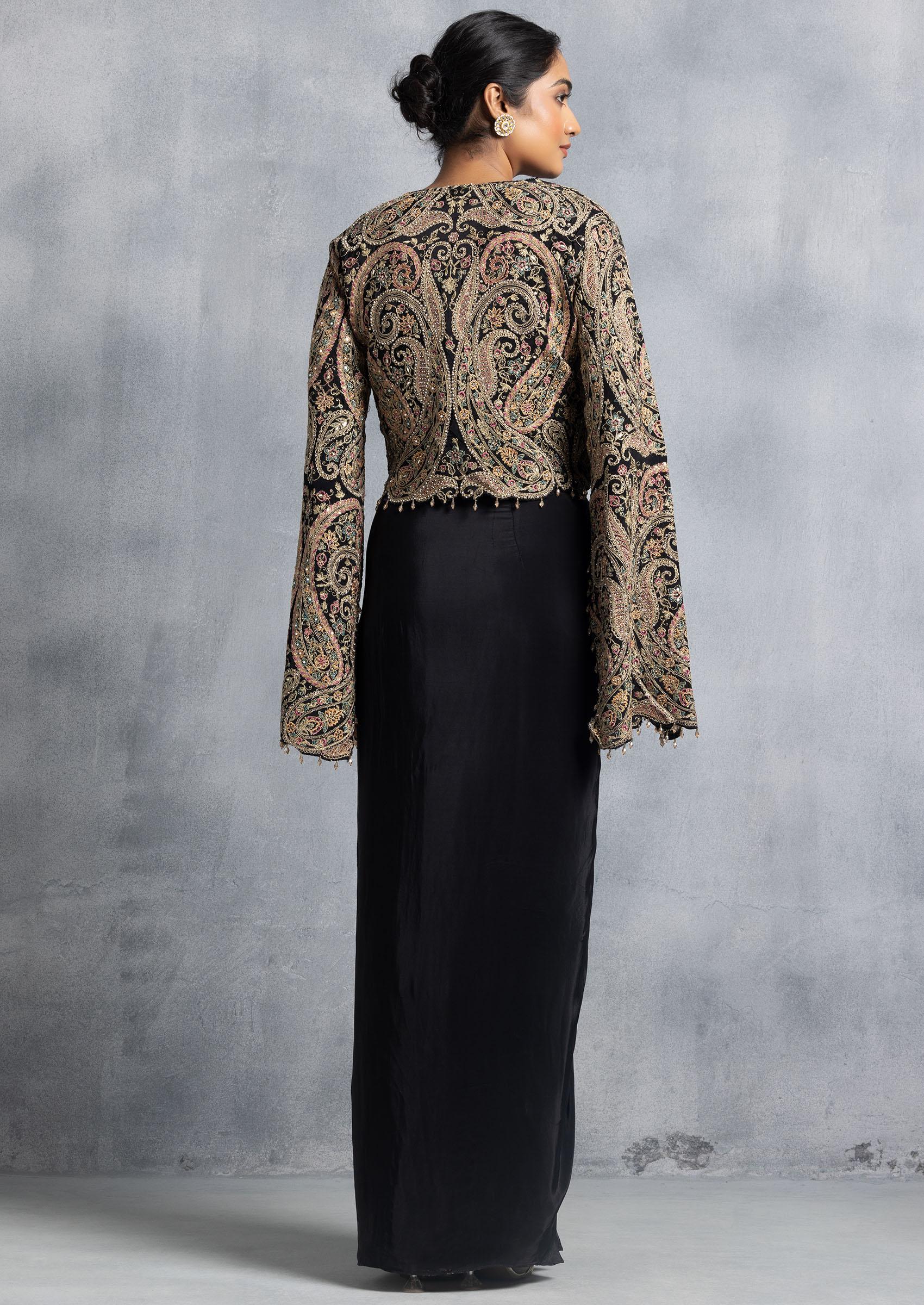 Buy Women Black Zari Bead Embroidered Short Jacket Set With