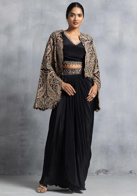 Black Zari Bead Embroidered Short Jacket Set With Embroidered Blouse And Skirt