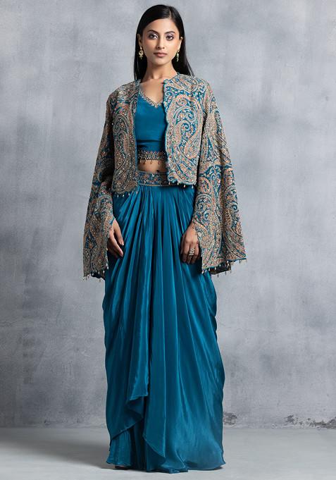 Blue Zari Bead Embroidered Short Jacket Set With Embroidered Blouse And Skirt