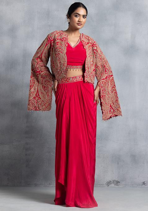 Red Zari Bead Embroidered Short Jacket Set With Embroidered Blouse And Skirt