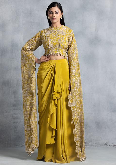 Yellow Pleated Skirt Set With Zari And Sequin Hand Embroidered Blouse