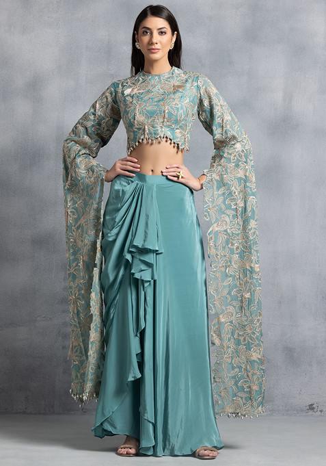 Sea Green Pleated Skirt Set With Zari And Sequin Hand Embroidered Blouse