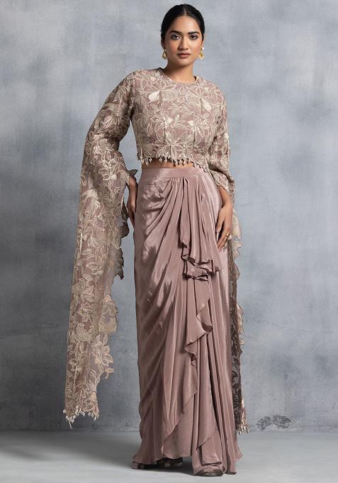 Beige Pleated Skirt Set With Zari And Sequin Hand Embroidered Blouse