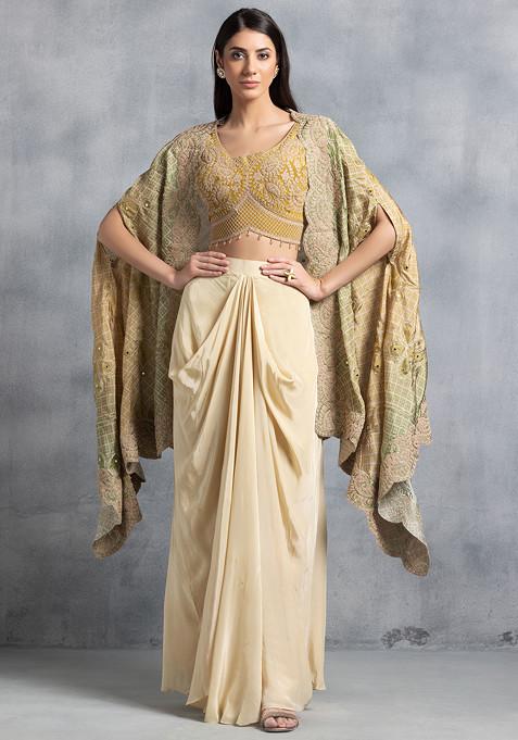 Beige Satin Skirt Set With Olive Zari Embroidered Blouse And Embroidered Dupatta