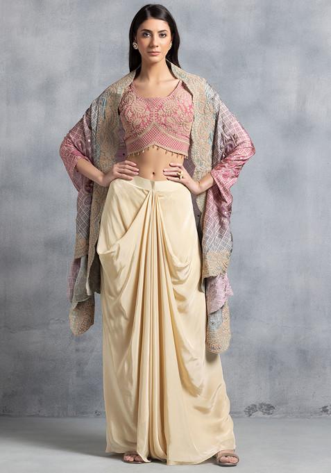 Beige Satin Skirt Set With Pink Zari Embroidered Blouse And Embroidered Dupatta