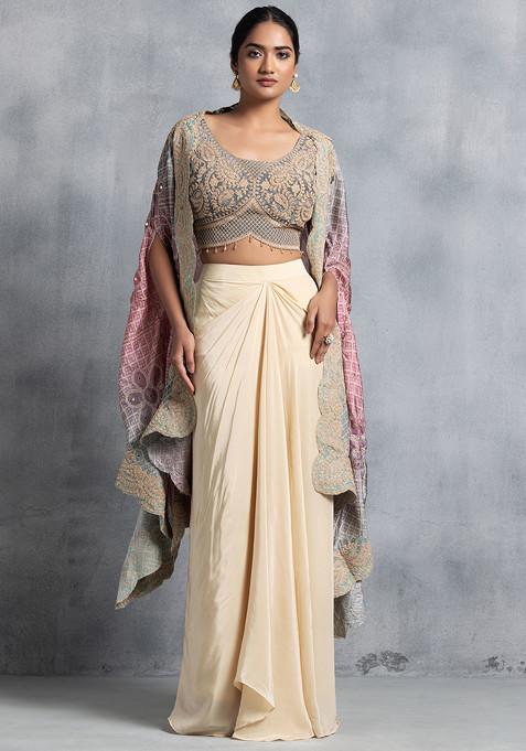Beige Satin Skirt Set With Grey Zari Embroidered Blouse And Embroidered Dupatta