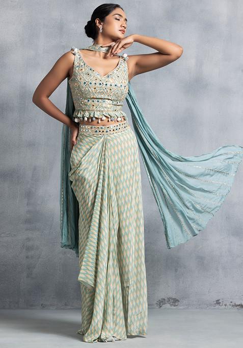 Green Printed Pleated Skirt Set With Mirror Bead Embellished Blouse And Dupatta