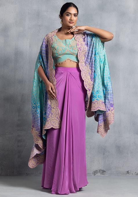Purple Satin Skirt Set With Blue Zari Embroidered Blouse And Embroidered Dupatta