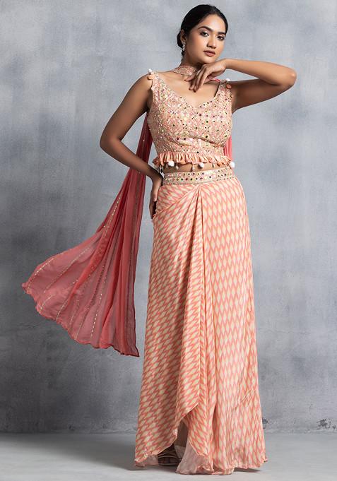 Pink Printed Pleated Skirt Set With Mirror Bead Embellished Blouse And Dupatta