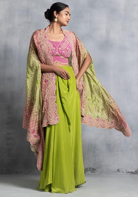 Green Satin Skirt Set With Pink Zari Embroidered Blouse And Embroidered Dupatta
