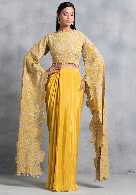 Yellow Pleated Skirt Set With Sequin Bead Embellished Blouse