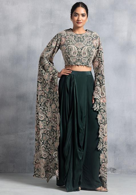 Green Pleated Skirt Set With Sequin Bead Embellished Blouse