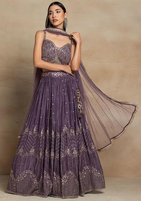 Purple Embellished Lehenga Set With Floral Zari Embroidered Blouse And Dupatta