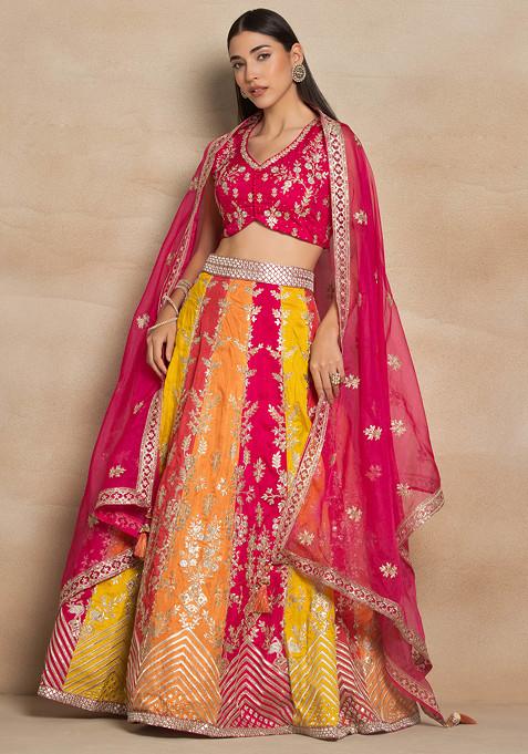 Multicolour Floral Zari Embroidered Lehenga Set With Embroidered Blouse And Dupatta