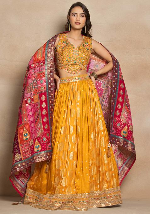 Yellow Brocade Lehenga Set With Zari Embroidered Blouse And Contrast Dupatta