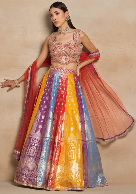 Multicolour Brocade Lehenga Set With Zari Embroidered Blouse And Dupatta