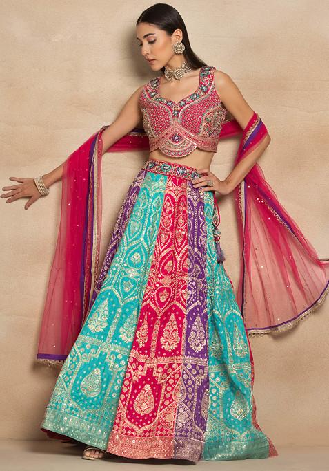 Multicolour Sequin Zari Embellished Lehenga Set With Embellished Blouse And Dupatta