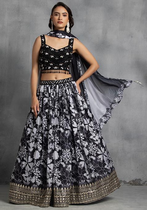 Black Floral Print Lehenga Set With Sequin Embellished Blouse And Printed Dupatta