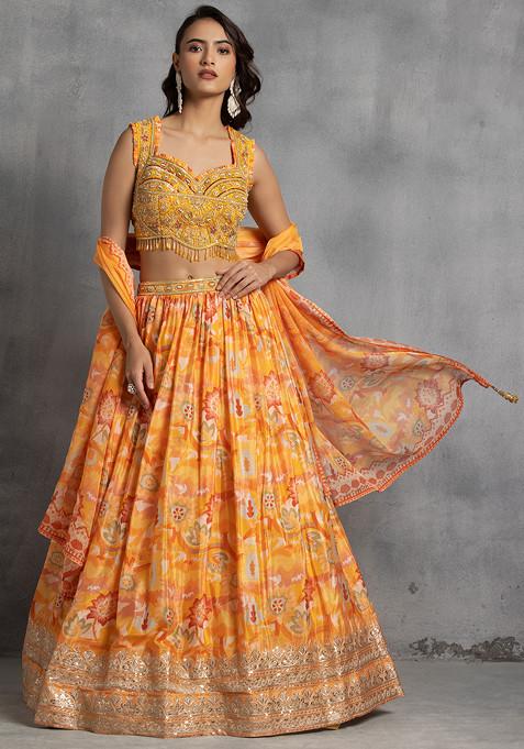 Yellow Floral Print Lehenga Set With Sequin Embellished Blouse And Printed Dupatta