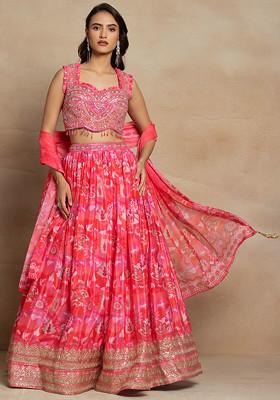 Pink Floral Print Lehenga Set With Sequin Embellished Blouse And Printed Dupatta