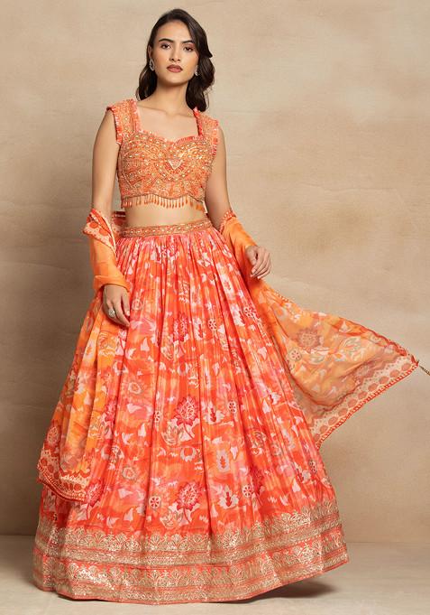Orange Floral Print Lehenga Set With Sequin Embellished Blouse And Printed Dupatta