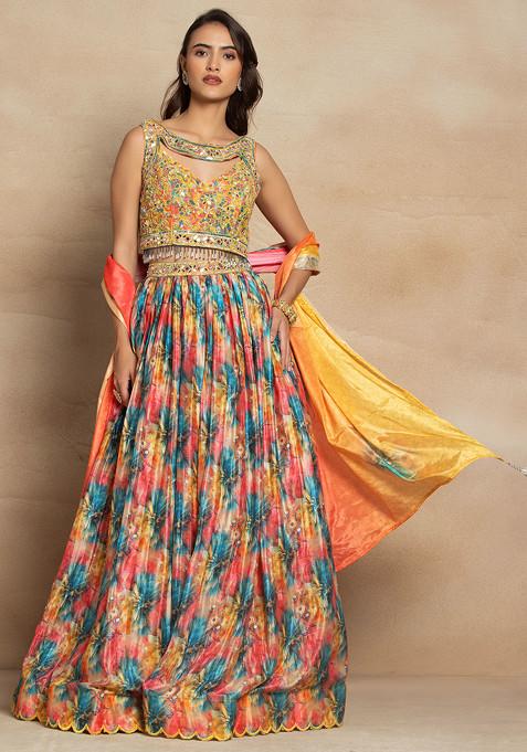 Multicolour Floral Print Lehenga Set With Sequin Embellished Blouse And Printed Dupatta
