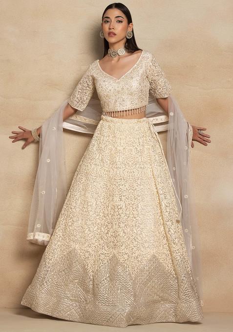 Off White Floral Sequin Embroidered Lehenga Set With Blouse And Embellished Dupatta