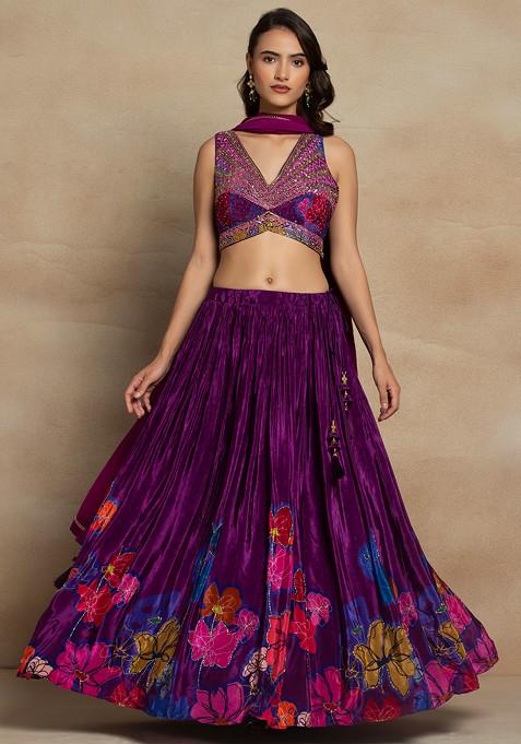 Purple Floral Print Satin Lehenga Set With Sequin Embellished Blouse And Dupatta