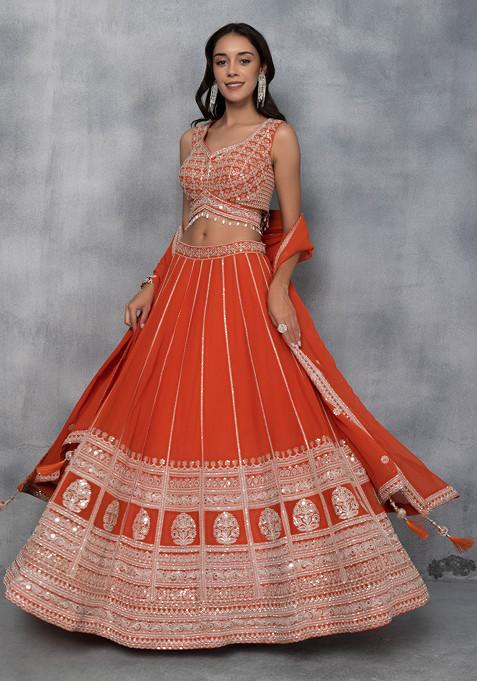 Orange Zari Sequin Embellished Lehenga Set With Blouse And Embellished Dupatta