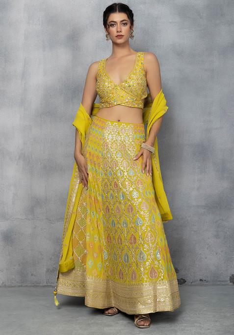 Yellow Zari Sequin Embellished Lehenga Set With Floral Embellished Blouse And Dupatta