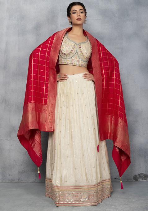 Cream Sequin Embellished Lehenga Set With Floral Embellished Blouse And Dupatta