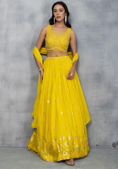 Yellow Floral Embroidered Lehenga Set With Sequin Embellished Blouse And Dupatta