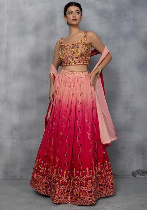 Pink Floral Embroidered Lehenga Set With Mirror Embellished Blouse And Dupatta