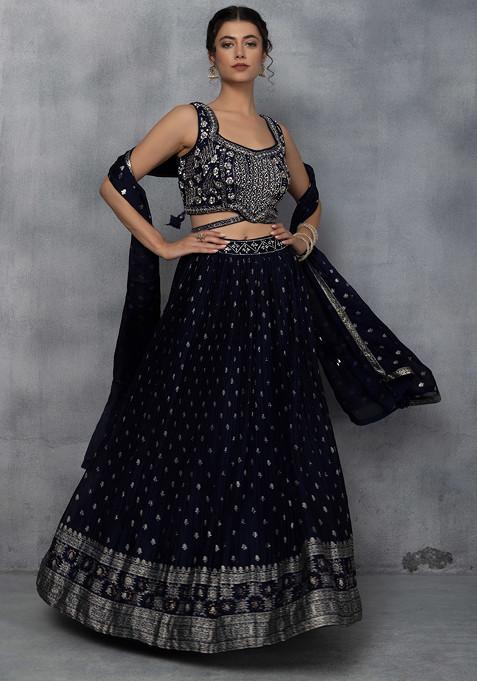 Navy Blue Printed Lehenga Set With Floral Mirror Embroidered Blouse And Dupatta