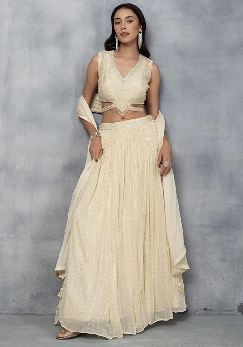 White Sequin Embellished Lehenga Set With Blouse And Dupatta