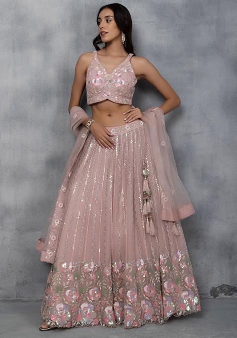 Peach Floral Sequin Embellished Lehenga Set With Blouse And Dupatta