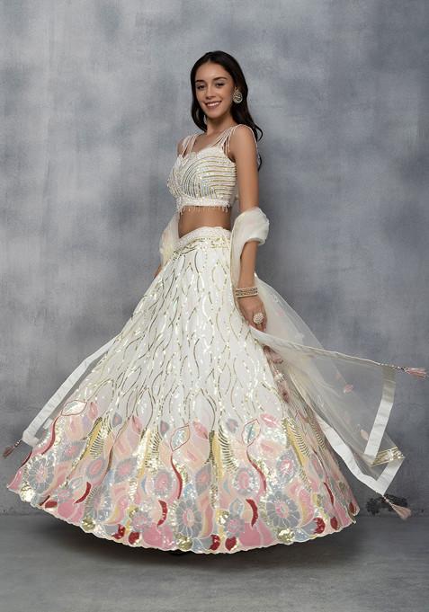 White Sequin Embellished Lehenga Set With Bead Sequin Embellished Blouse And Dupatta