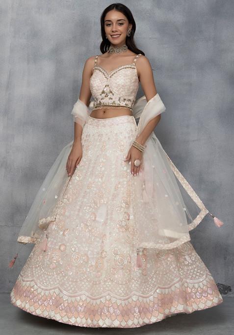 White Floral Sequin Embellished Lehenga Set With Blouse And Dupatta